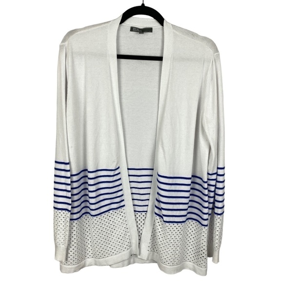 89th & Madison Open Front Rayon Blend Striped Cardigan Large White - Picture 1 of 11